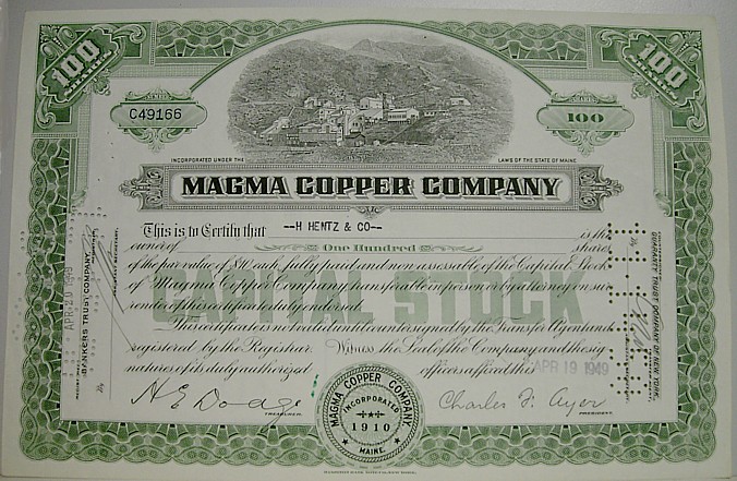 1949 Magma Copper Co. Stock Certificate Graphic   